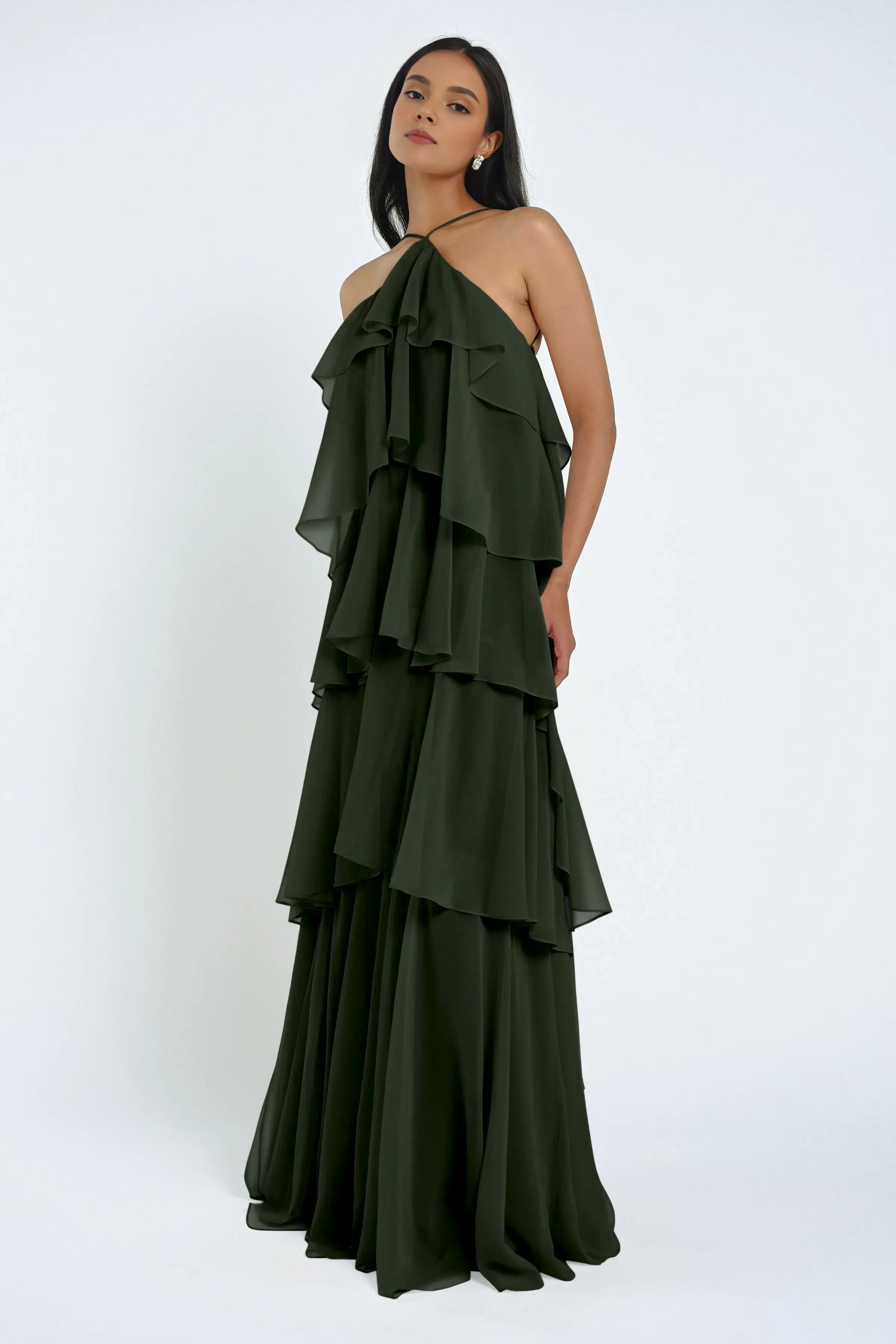 A-line Halter Neck Spaghetti Straps Ruffle Tiered Chiffon Open Back Hot Sale Bridesmaid Dresses for Women Beautiful Floor Length Prom Dresses